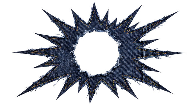 Jagged denim starburst frame with torn edges and isolated on png transparent background