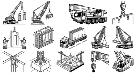 Fototapeta premium Isometric illustrations showcase diverse construction equipment and processes, featuring cranes, trucks, and various structural elements in a grid layout.