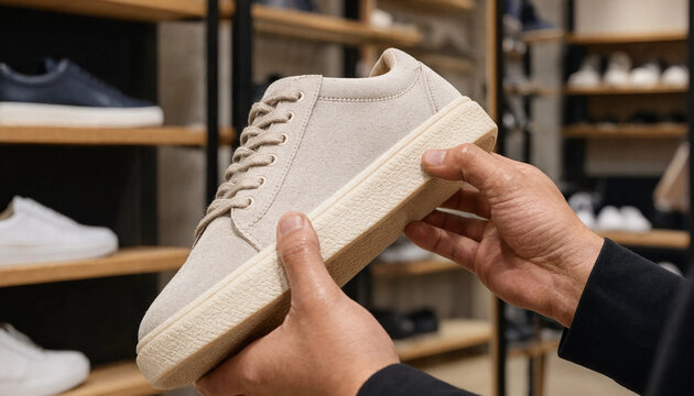 Shopper hands holding light beige suede casual sneaker in retail clothing shop with casual shoe canvas shoe shopping experience summer shoes footwear store modern fashion men fashion