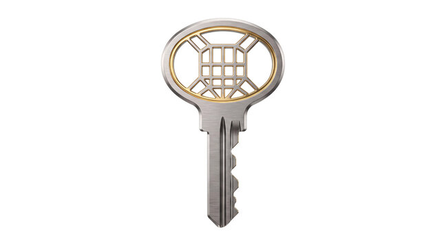 Ornate silver and gold key with geometric pattern isolated on png transparent background