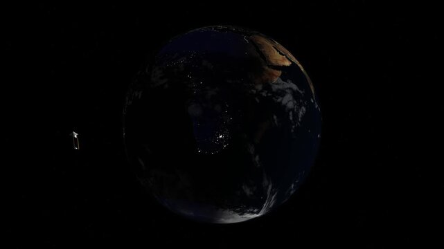A looping 3D animation of a bright, highly realistic Earth with a vibrant day-night cycle, atmospheric scattering, and a procedural satellite in orbit. Rendered seamlessly over a 12-second cycle.