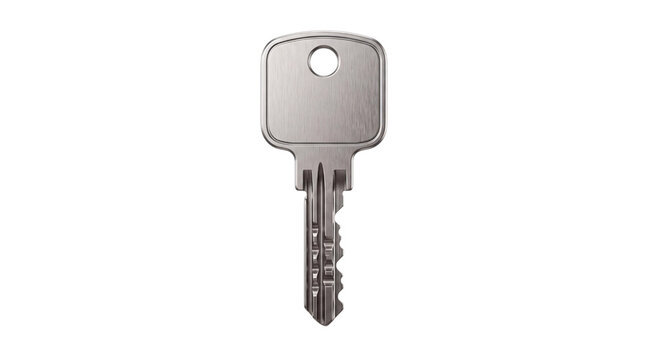 Silver metal key with serrated blade and circular isolated on png transparent background