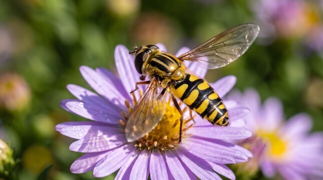 Macro photography of a flying yellow and black hoverfly 