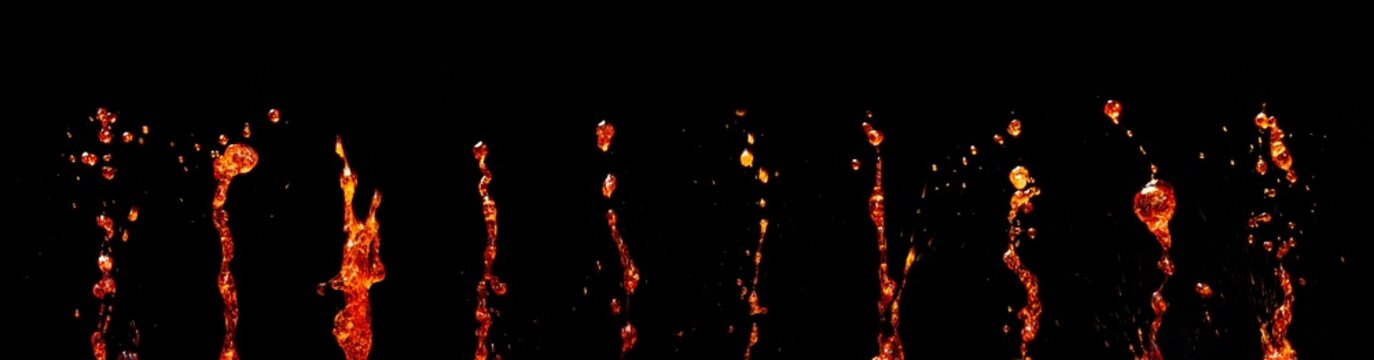 Macro photo of orange water splashes collage on black background
