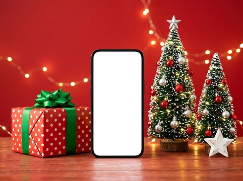 Modern smartphone blank screen next to festive Christmas gift and decorated trees