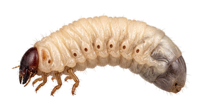 White grub larva with six legs and dark head on isolated on png transparent background