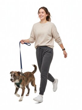 Happy young woman in casual activewear walking her cute fluffy dog on a leash, full length isolated on white background.-1