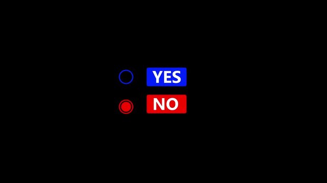 Interactive yes or no choice selection with mouse cursor clicking red button on dark background