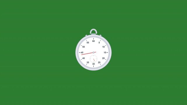 Premium 4K UHD microstock motion graphic featuring a classic analog stopwatch in a clean, minimal flat design without shadows, glass reflections, or complex gradients, set on a solid green background.