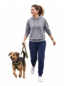 Happy young woman in casual activewear walking her cute fluffy dog on a leash, full length isolated on white background.-1