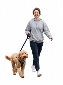 Happy young woman in casual activewear walking her cute fluffy dog on a leash, full length isolated on white background.-1