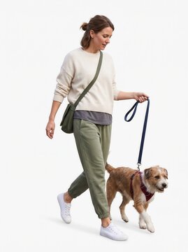Happy young woman in casual activewear walking her cute fluffy dog on a leash, full length isolated on white background.-1