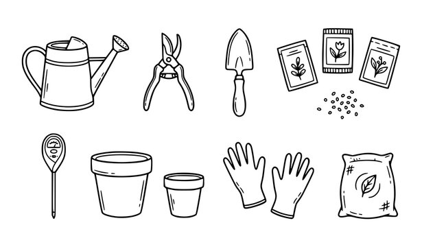 Hand drawn gardening tools doodle set with watering can, pruning shears, pots, gloves, and seed packets, line art vector icons