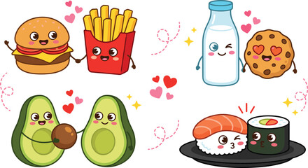 Fototapeta premium Cute kawaii cartoon food best friends couples vector icon set representing love romance and sweet relationship concepts