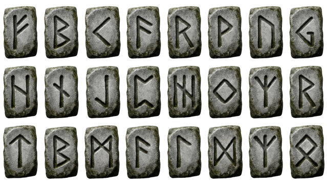 Ancient stone runes set with engraved Nordic symbols on weathered surface