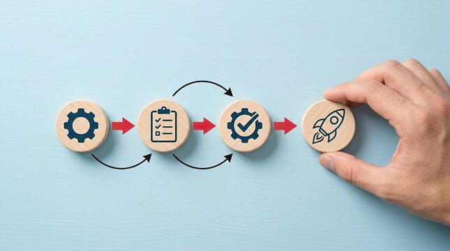 A hand placing a wooden block with a document icon to complete a business process workflow on blue background