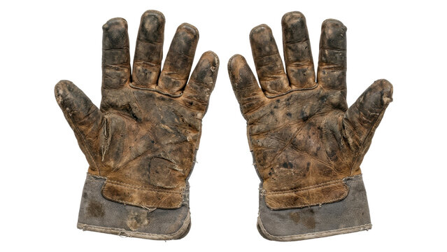 Worn brown leather work gloves with dirt and creases isolated on transparent background