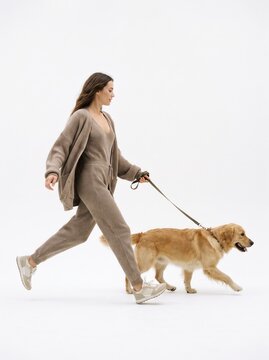Happy young woman in casual activewear walking her cute fluffy dog on a leash, full length isolated on white background.-1