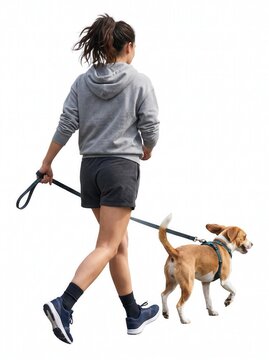 Rear view of a woman in gray casual loungewear walking her fluffy dog on a leash, isolated on white background.-1