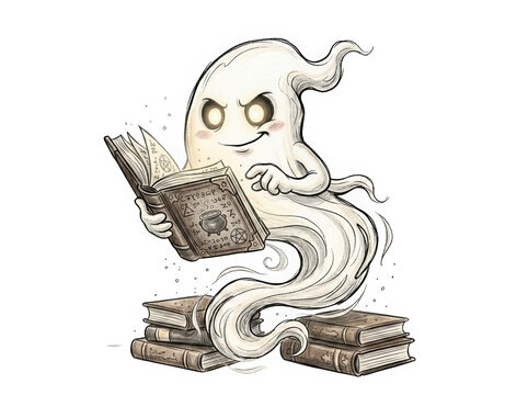 Cute cartoon alien reading a book on a simple white background