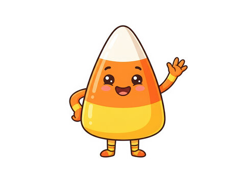 Cute cartoon candy corn waving hand cheerfully