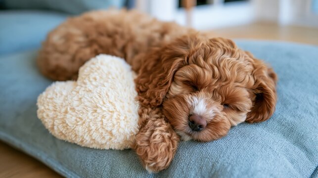 Floppy - eared puppy sleeping on blue cushion with cream heart toy