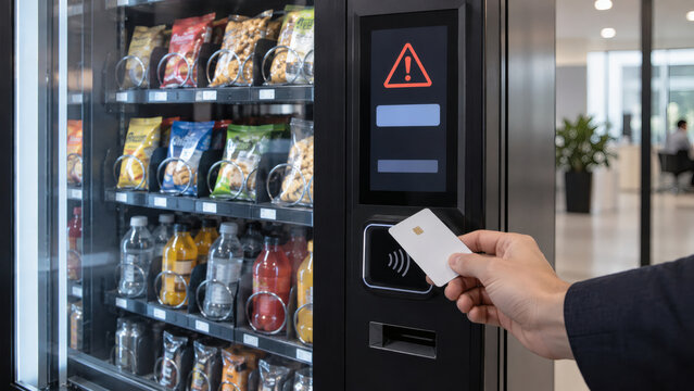 Remote worker tapping contactless credit card to buy snacks from vending machine facing transaction error alert screen inside modern coworking office