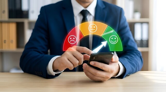 Businessman using smartphone with customer satisfaction meter showing excellent rating score