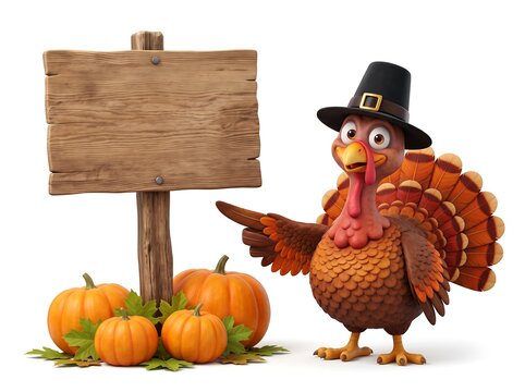 Cartoon turkey wearing a pilgrim hat standing next to a blank wooden sign with pumpkins