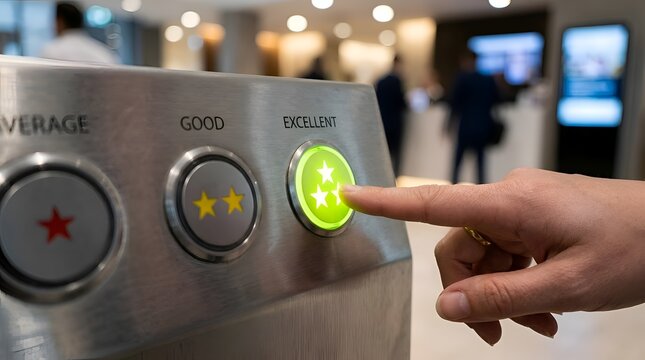 Close-up of Hand Pressing Excellent Button on Customer Feedback Terminal