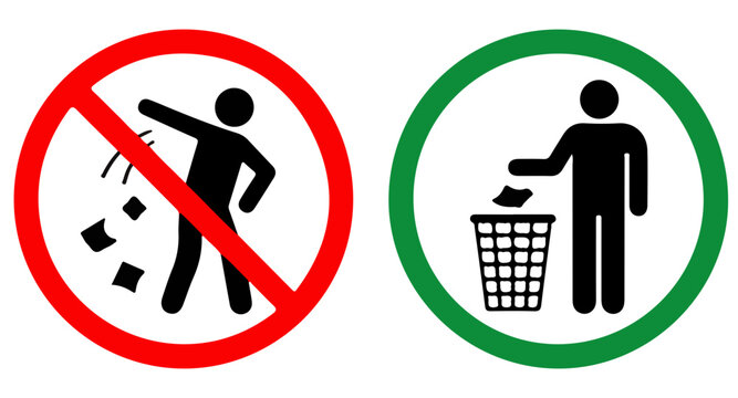 Littering prohibition sign and proper waste disposal sign featuring a human figure throwing trash into a bin isolated on a white background
