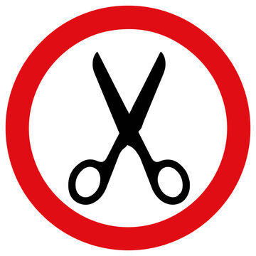 A circular red prohibition sign featuring a black scissors icon, indicating that cutting is strictly forbidden in this specific location
