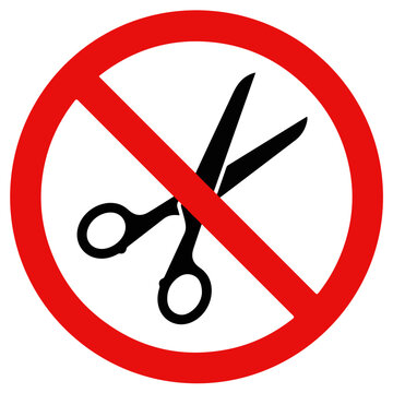 A circular red prohibition sign with a black scissors icon inside, indicating that cutting is strictly forbidden in this specific area