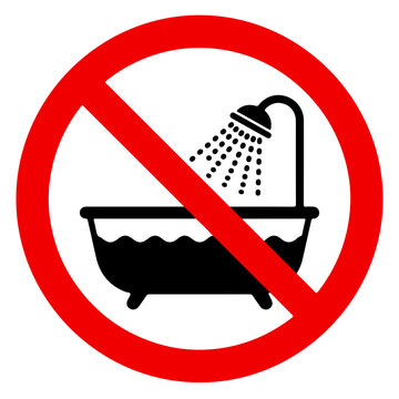 A circular red prohibition sign with a black bathtub and shower icon, indicating that bathing or showering is strictly forbidden in this area