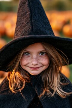 Smiling child in oversized felt witch hat at pumpkin patch