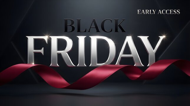 Black friday early access promotional banner with metallic silver text and elegant red silk ribbon on black background