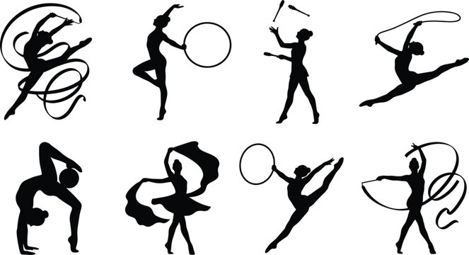 Rhythmic gymnastics icon set featuring female athletes ribbon hoop clubs rope ball silhouettes