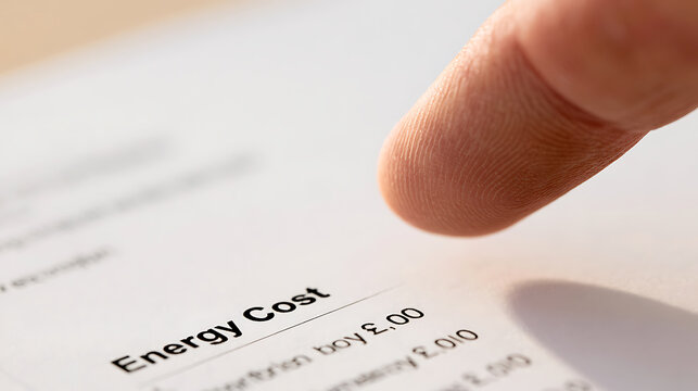 Close up of a person finger pointing at energy cost text on a financial bill document paper, concept of utility expense and economy cri