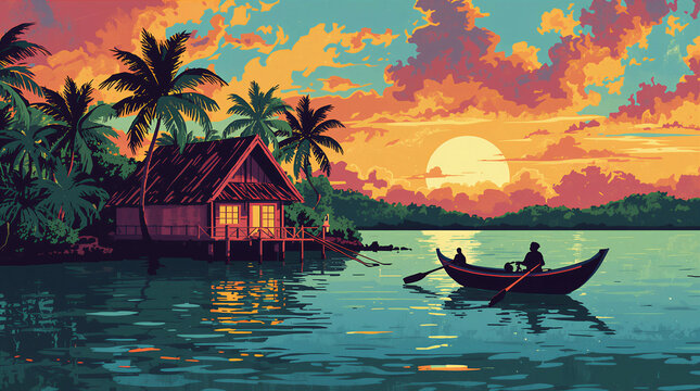 tranquil tropical waterfront at sunset, with a stilted wooden cabin, silhouetted palm trees, and a small boat on calm waters. Graphic poster style illustration