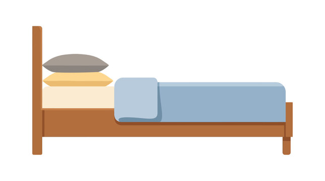 Wooden bed with pillows and blue bedding flat vector illustration
