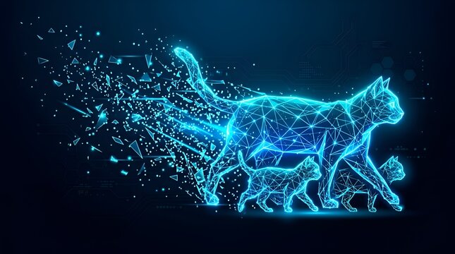 Abstract Neon Blue Cybernetic Cat Family in Low Poly Polygon Style with Data Particles and Digital Motion Effects