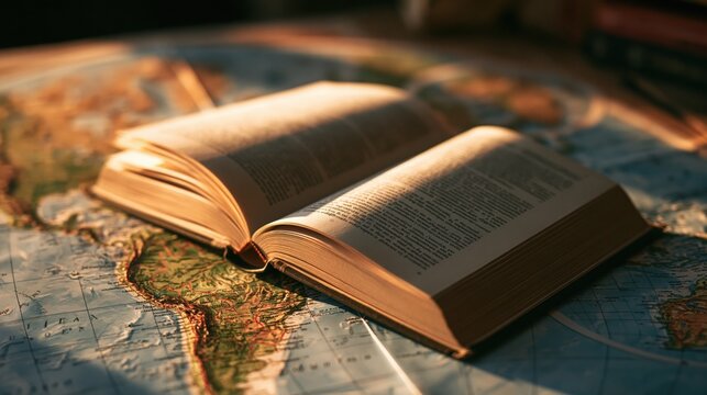 Open vintage book resting on old world map with warm sunlight illumination