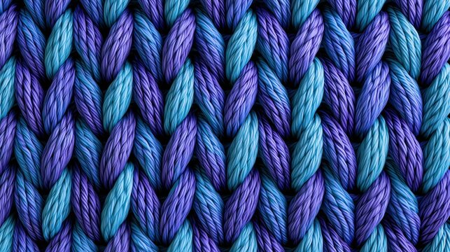 Full frame closeup of thick chunky mixed blue and purple woven knitted fabric with large interlocking braid stitches creating textured repeating pattern