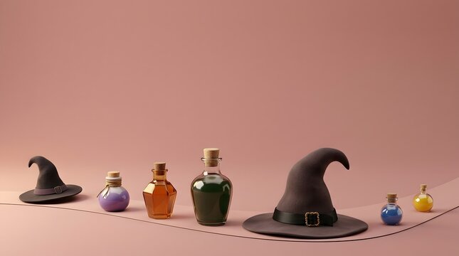 Small colorful magic potion bottles arranged with witch hats on a soft brown background