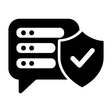 A secure server icon paired with a shield and checkmark inside a speech bubble for cybersecurity or data protection concepts.