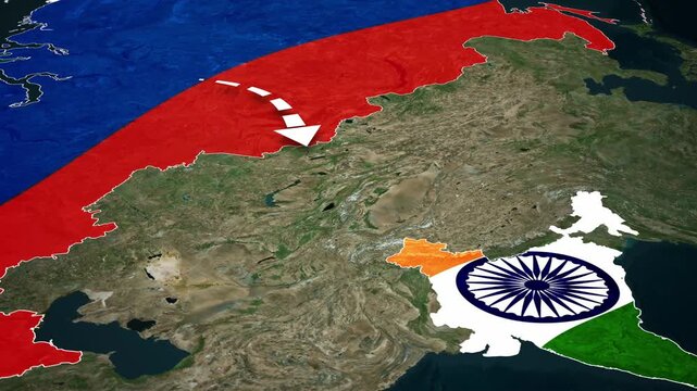 Directional Arrow Tracing Route from Russia to India on 3D Flag Map