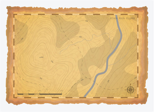Vintage topographic map vector illustration on old parchment paper background. Detailed treasure terrain with contour lines, elevation levels scale, compass rose and aged torn edges.
