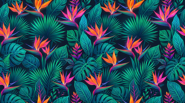 Vibrant tropical foliage and bird of paradise flowers in a lush seamless pattern