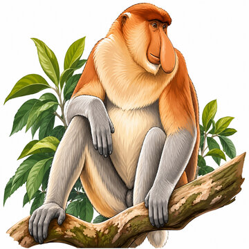 Detailed vector illustration of a proboscis monkey perched on a tree branch, surrounded by lush tropical foliage. A vibrant wildlife artwork highlighting the unique beauty of Borneo&rsquo;s iconic primate.