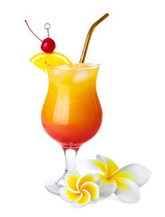 Tasty refreshing cocktail and plumeria flowers on white background © New Africa